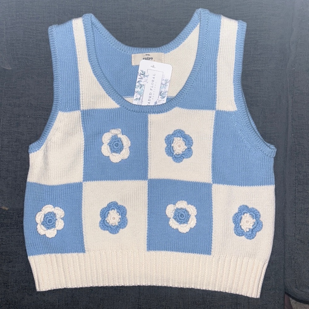 NWT Sz.S Entro Blue Checked Floral Cropped Crochet Top